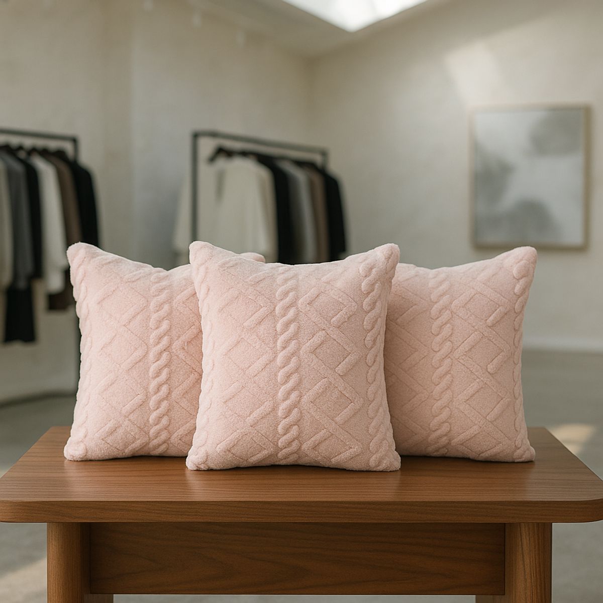 ARMONIA - Pack 3 fundas cojín pelo trenzado rosa suave 45x45 decoración 758