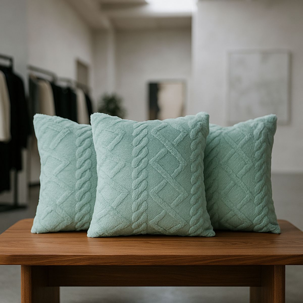 ARMONIA - Pack 3 fundas cojín pelo trenzado turquesa suave 45x45 decoración 758