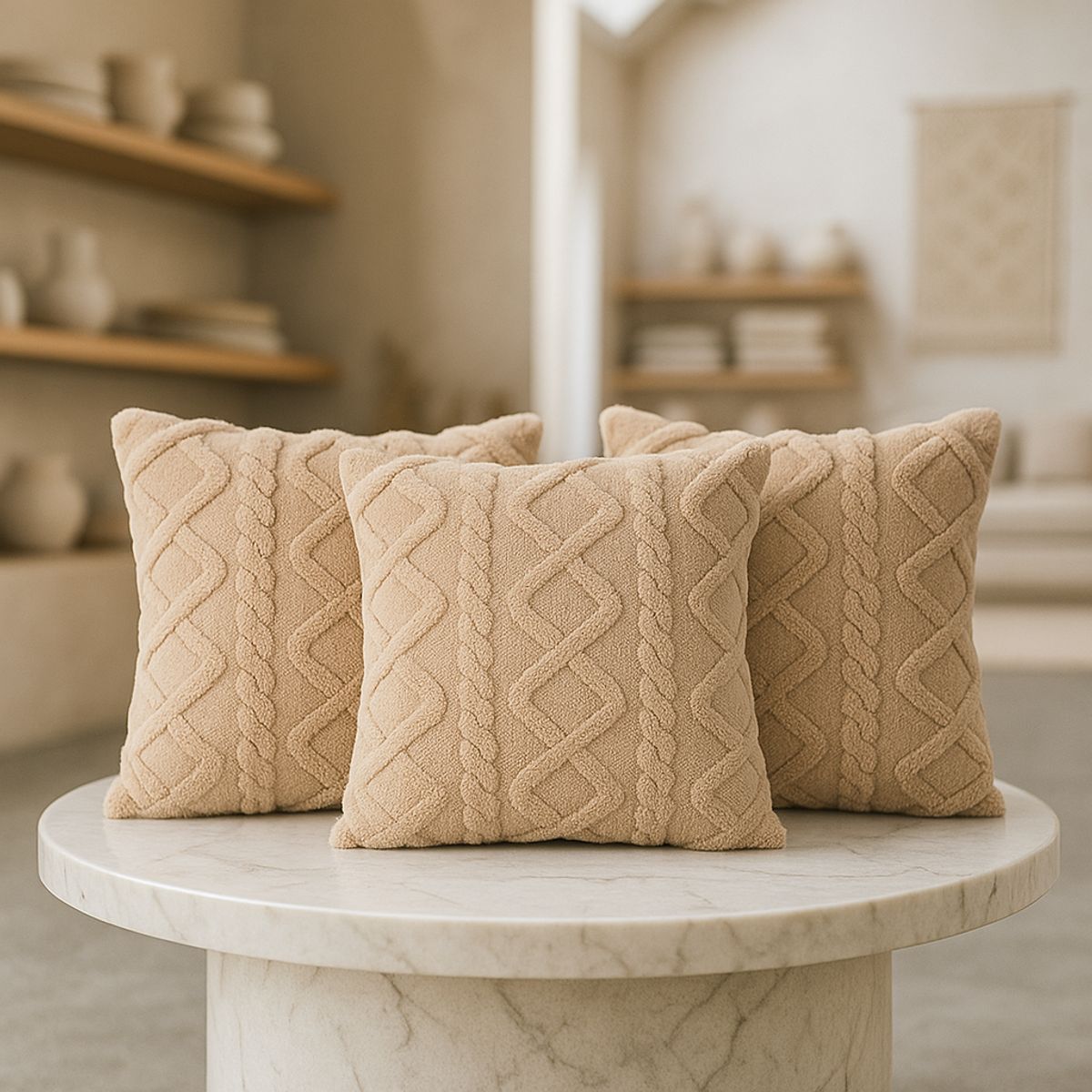 ARMONIA - Pack 3 fundas almohadón pelo trenzado beige textura suave hogar 758