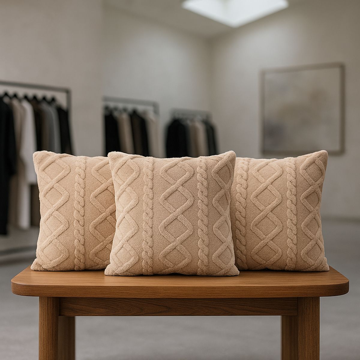 ARMONIA - Pack 3 fundas almohadón pelo trenzado beige textura suave hogar 758