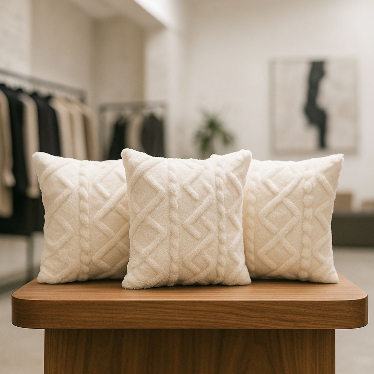 ARMONIA - Pack 3 fundas decorativas pelo trenzado blanco suave living Chile 758