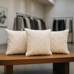 ARMONIA - Pack 3 fundas almohadón pelo trenzado blanco suave sofá 758