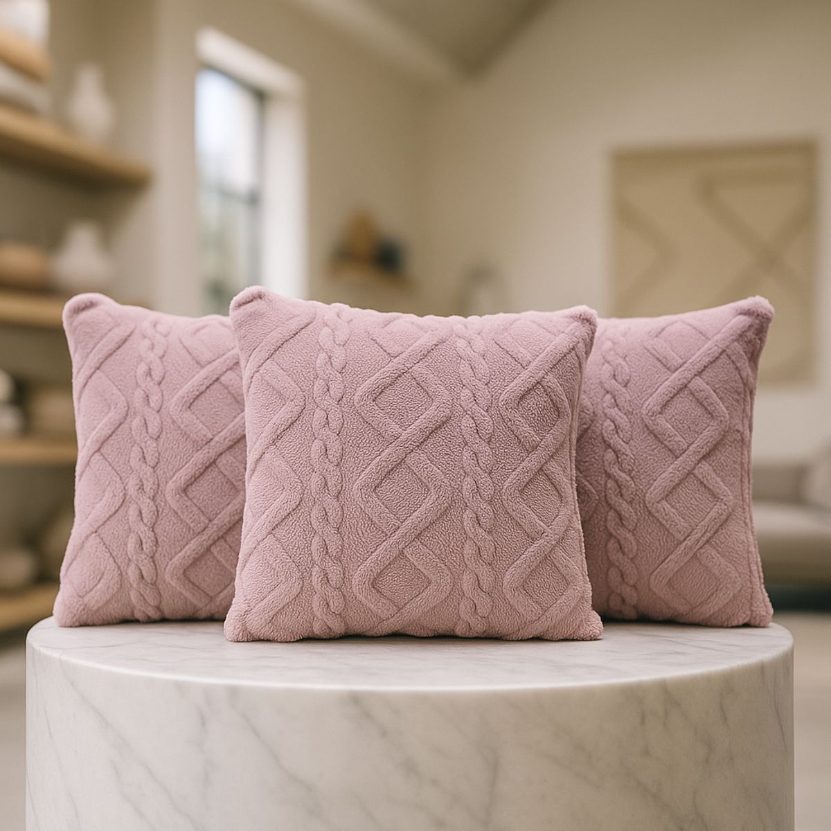 ARMONIA - Pack 3 fundas cojín pelo trenzado lila suave 45x45 decoración 758