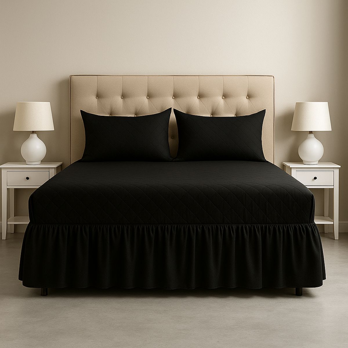 ARMONIA - Faldón doble negro 15 plazas con funda para cama elegante