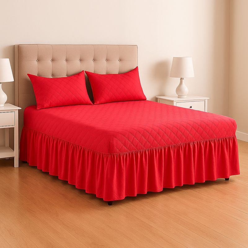 ARMONIA - Faldón doble cama 15 plazas rojo con funda extra