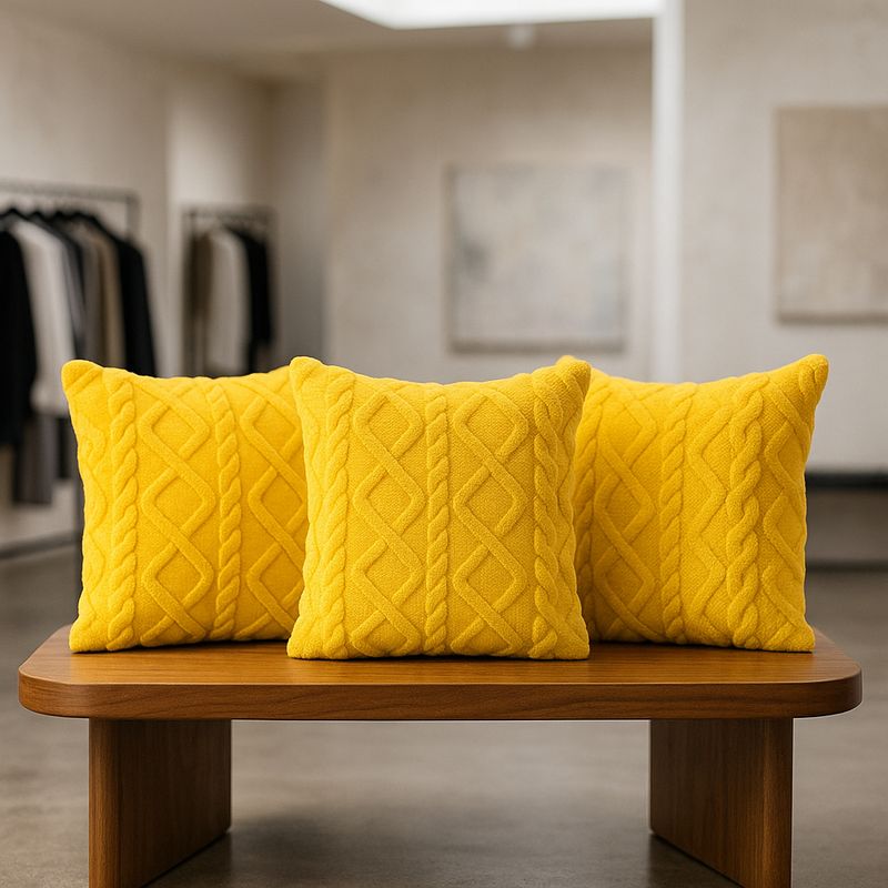 ARMONIA - Pack 3 fundas cojín pelo trenzado amarillo suave 45x45 decoración 758