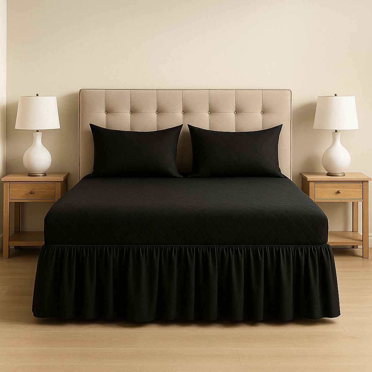 ARMONIA - Faldón de cama doble negro 20 plazas acolchado con fundas