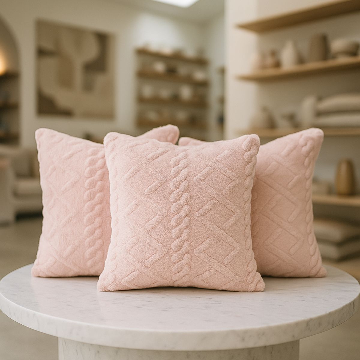 ARMONIA - Pack 3 fundas almohadón rosa pelo trenzado textura suave hogar 758