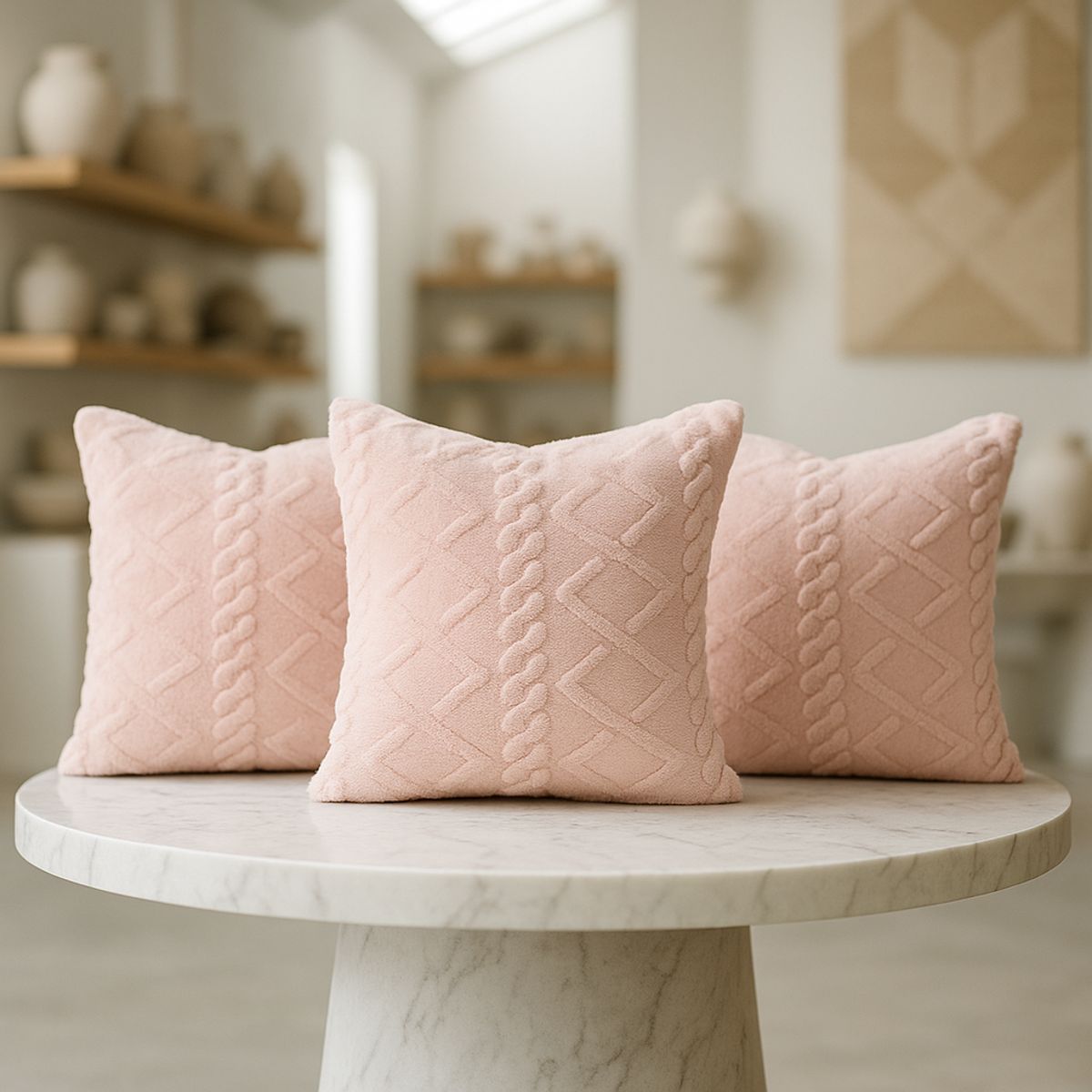 ARMONIA - Pack 3 fundas almohadón rosa pelo trenzado textura suave hogar 758