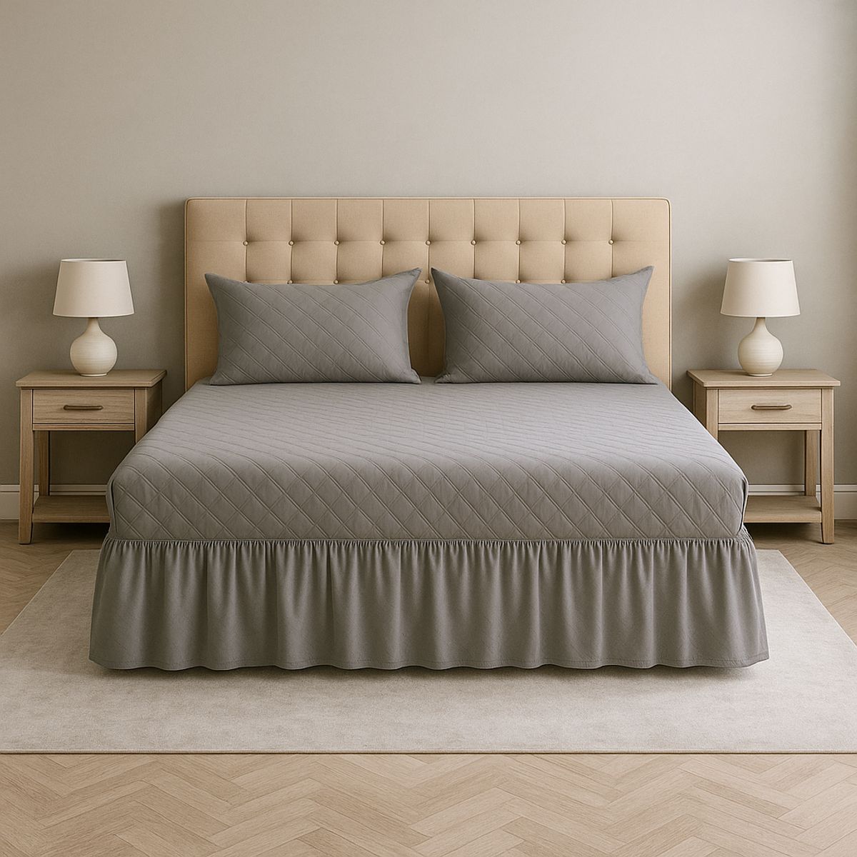 ARMONIA - Faldón doble 20 plazas gris acolchado con fundas almohada