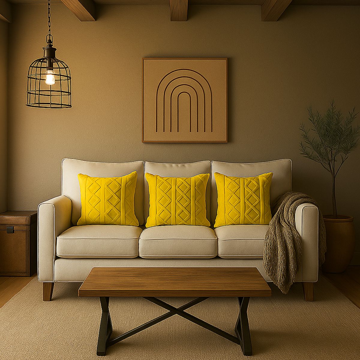 ARMONIA - Pack 3 fundas almohadón pelo trenzado amarillo textura suave hogar 758