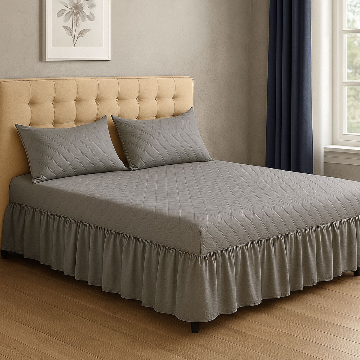 ARMONIA - Faldón para cama gris 20 plazas acolchado doble con fundas