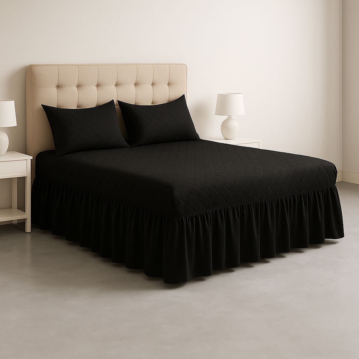 ARMONIA - Faldón doble 20 plazas negro acolchado con fundas almohada