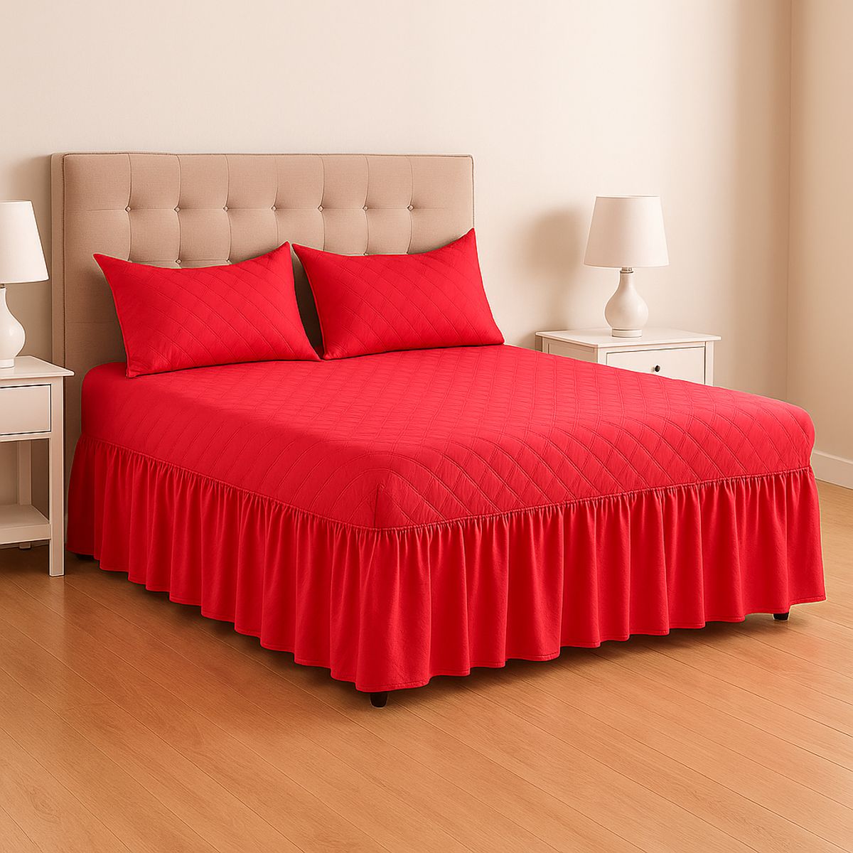 ARMONIA - Faldón doble 20 plazas rojo acolchado con fundas almohada