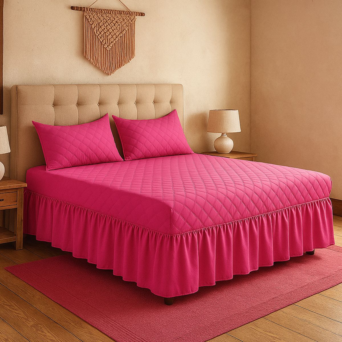 ARMONIA - Faldón cama 20 plazas fucsia doble acolchado con fundas