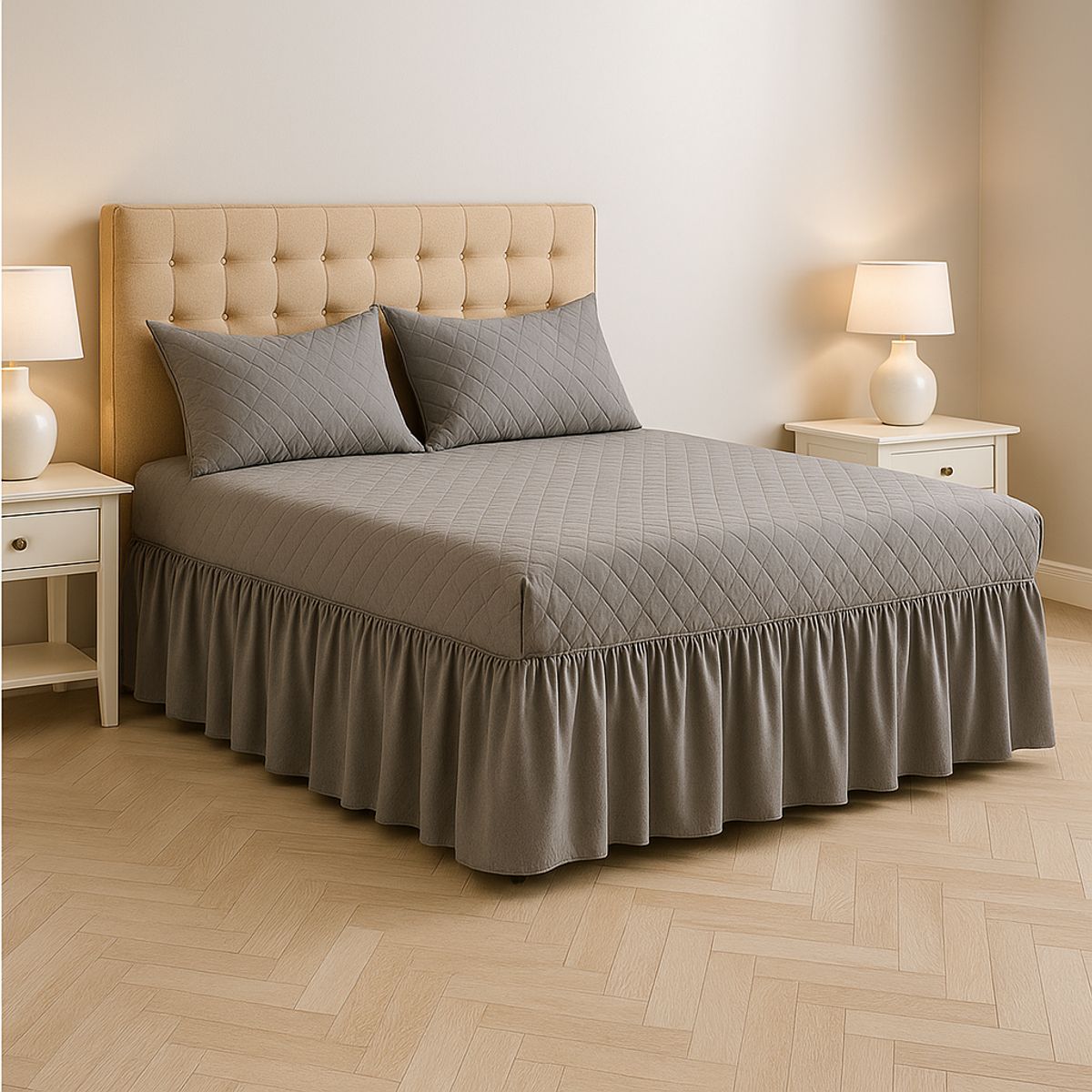 ARMONIA - Faldón cama 25 plazas gris doble acolchado con fundas