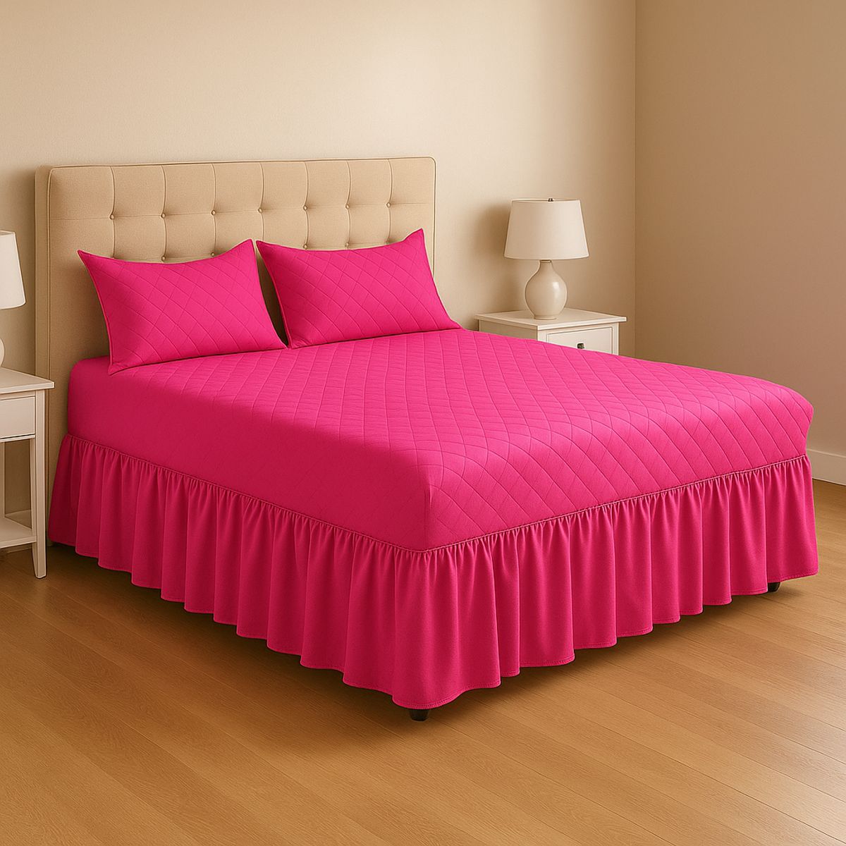 ARMONIA - Faldón doble fucsia 25 plazas diseño acolchado para cama