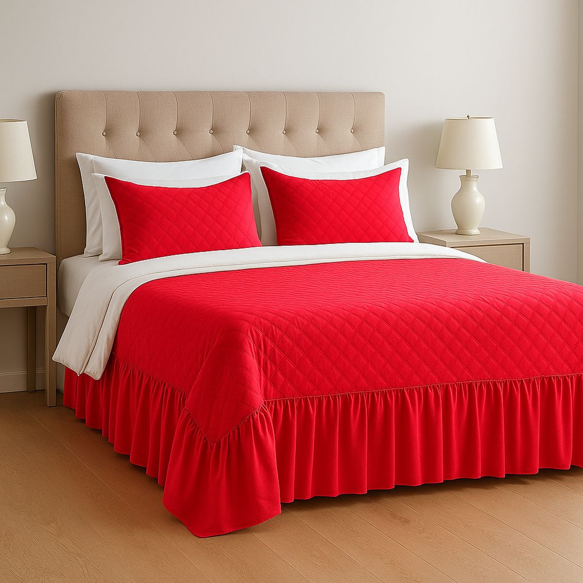 ARMONIA - Faldón doble cama 15 plazas rojo con funda extra