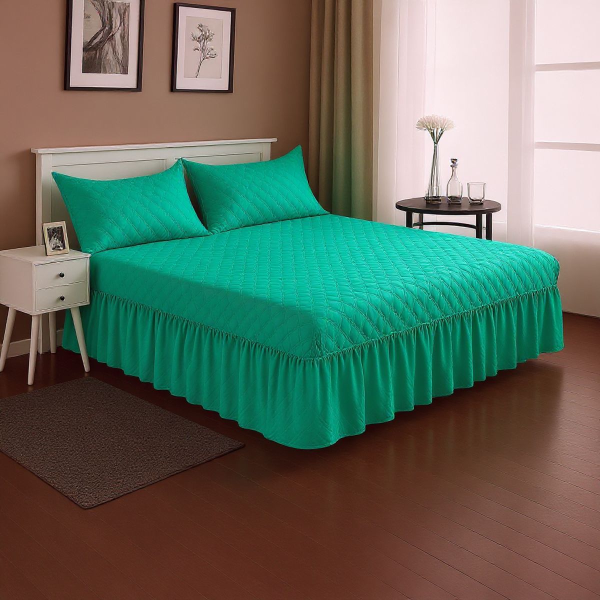 ARMONIA - Faldón doble turquesa para cama 15 plazas con funda protectora