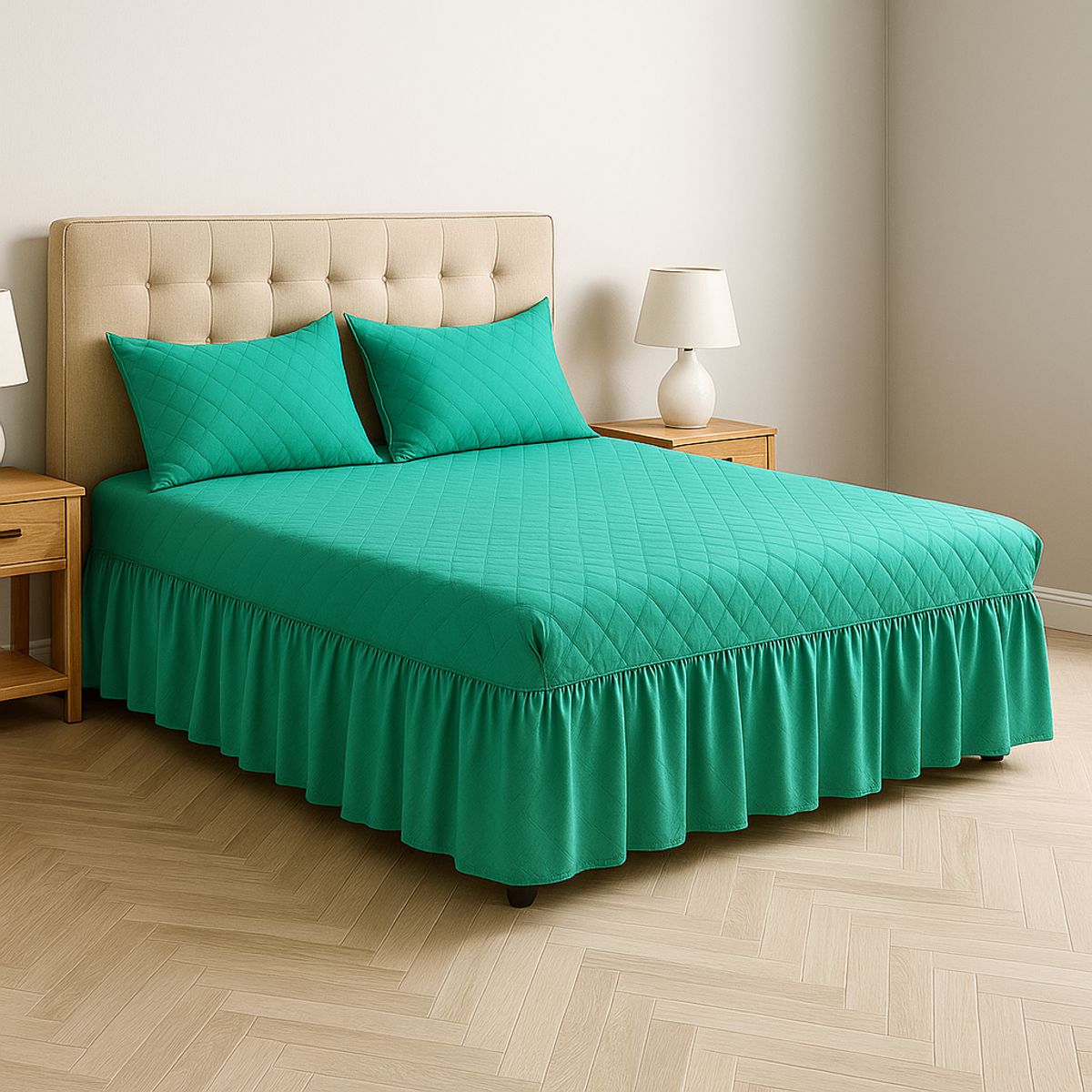 ARMONIA - Faldón doble turquesa para cama 15 plazas con funda protectora
