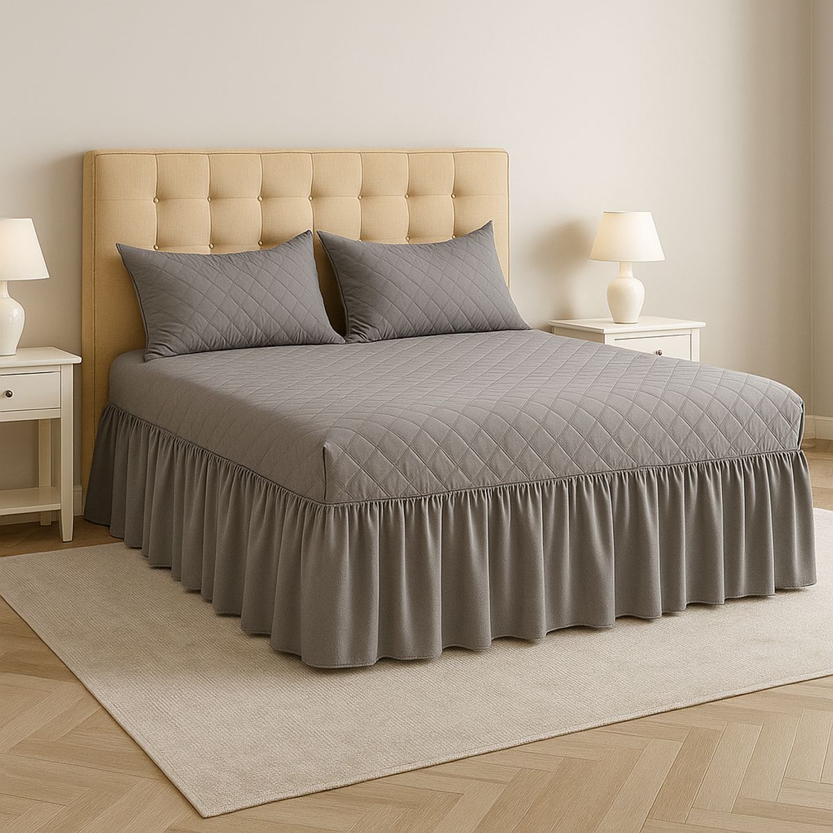 ARMONIA - Faldón gris 20 plazas doble acolchado set con fundas