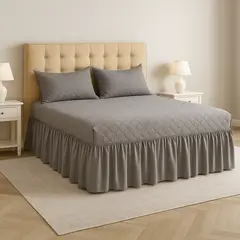 ARMONIA - Faldón de cama doble gris 20 plazas acolchado con fundas