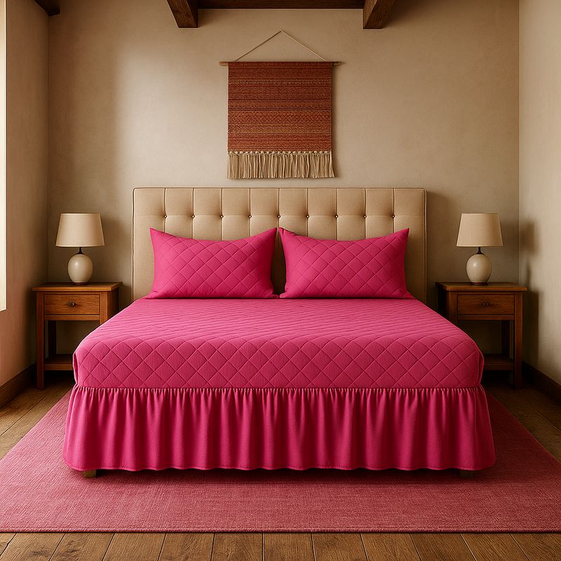 ARMONIA - Faldón cama 25 plazas fucsia doble acolchado con fundas