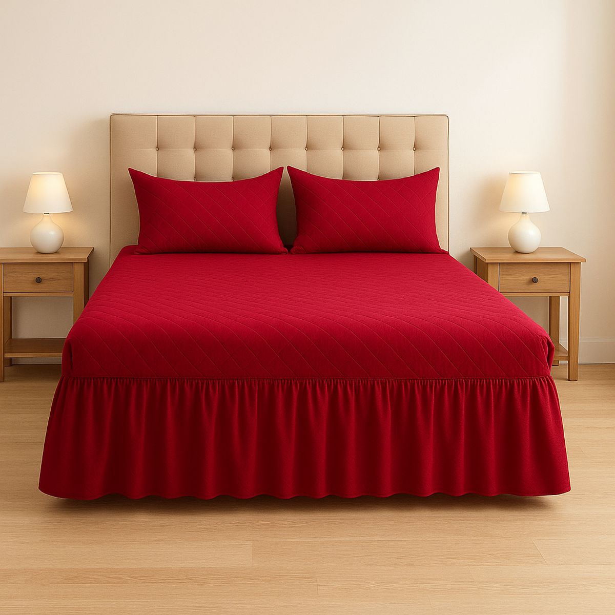 ARMONIA - Faldón de cama doble burdeo 20 plazas acolchado con fundas