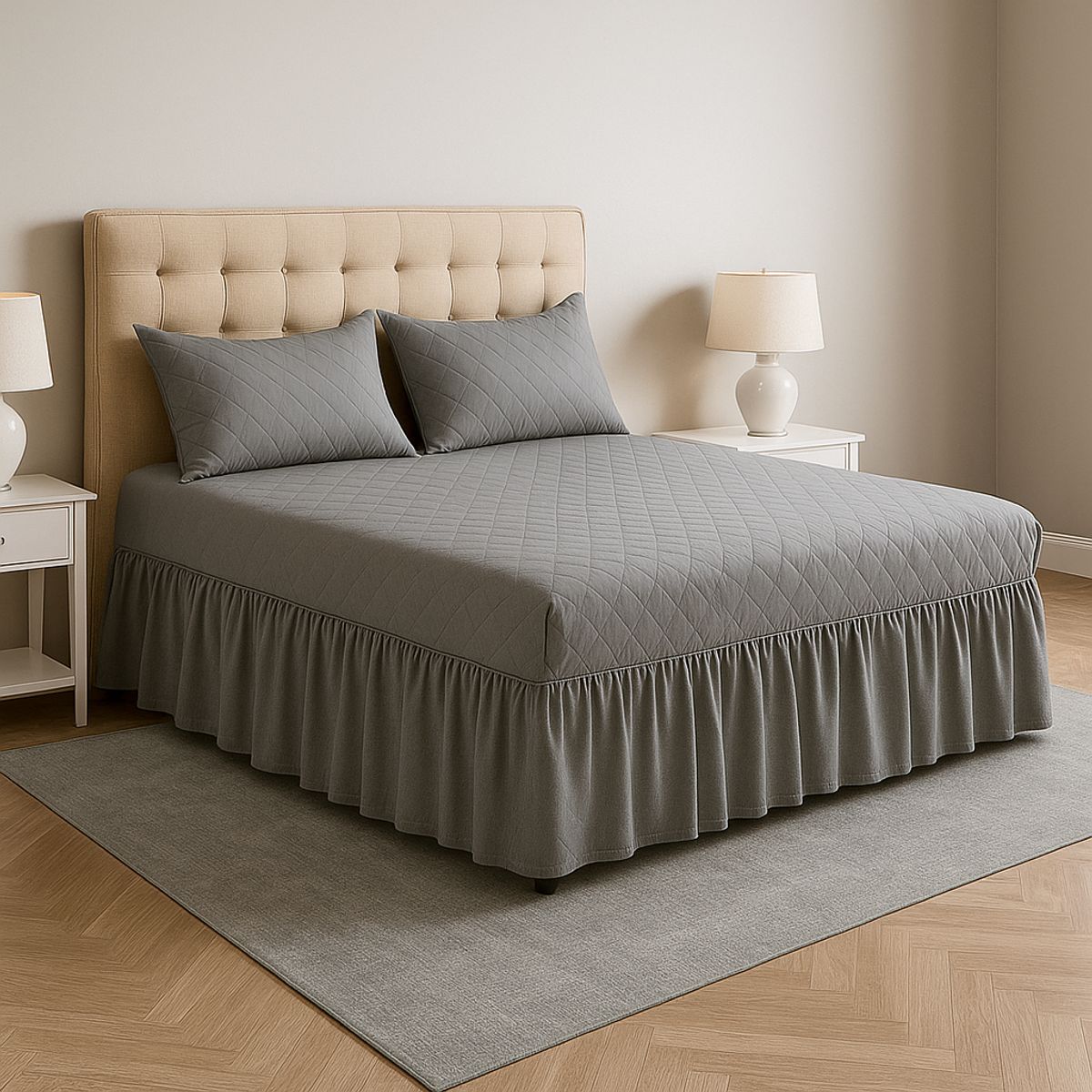 ARMONIA - Faldón cama doble gris 25 plazas acolchado moderno