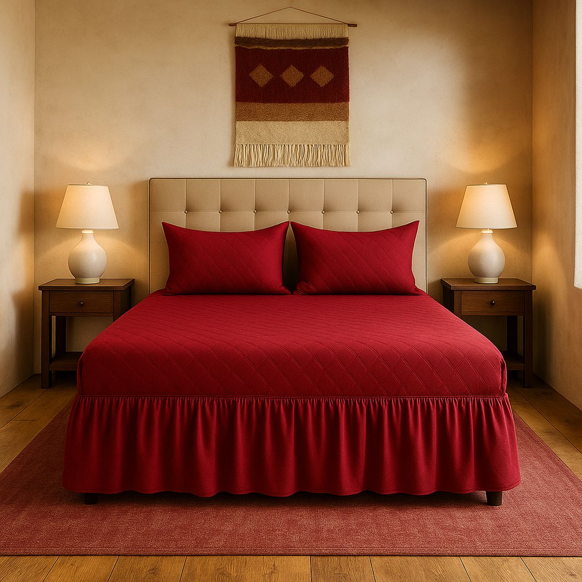 ARMONIA - Faldón burdeo 25 plazas doble acolchado pack de fundas