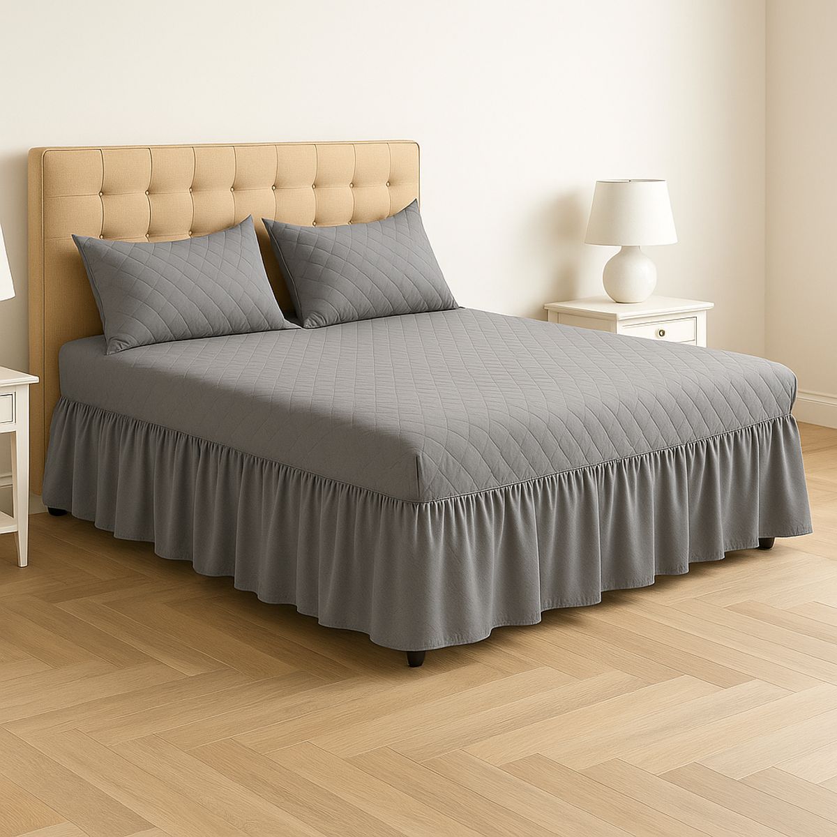 ARMONIA - Faldón gris 15 plazas doble acolchado con funda para cama