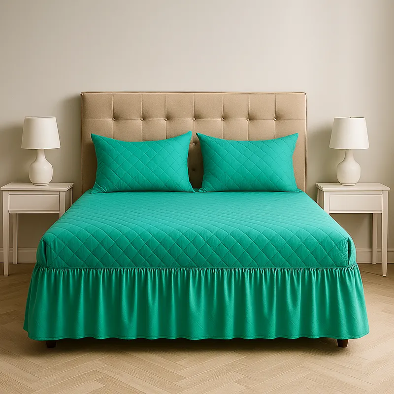 ARMONIA - Faldón cama 20 plazas turquesa doble acolchado con fundas
