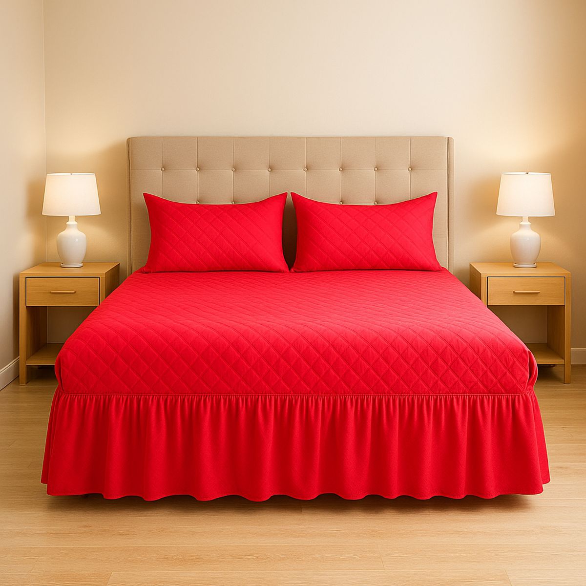 ARMONIA - Faldón de cama doble rojo 20 plazas acolchado con fundas