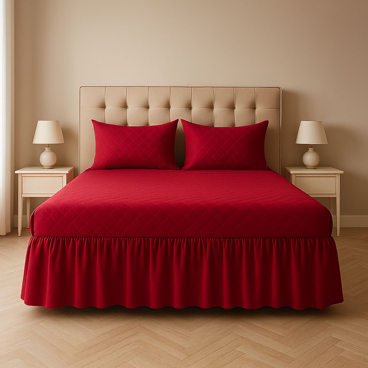 ARMONIA - Faldón doble 20 plazas burdeo acolchado con fundas almohada