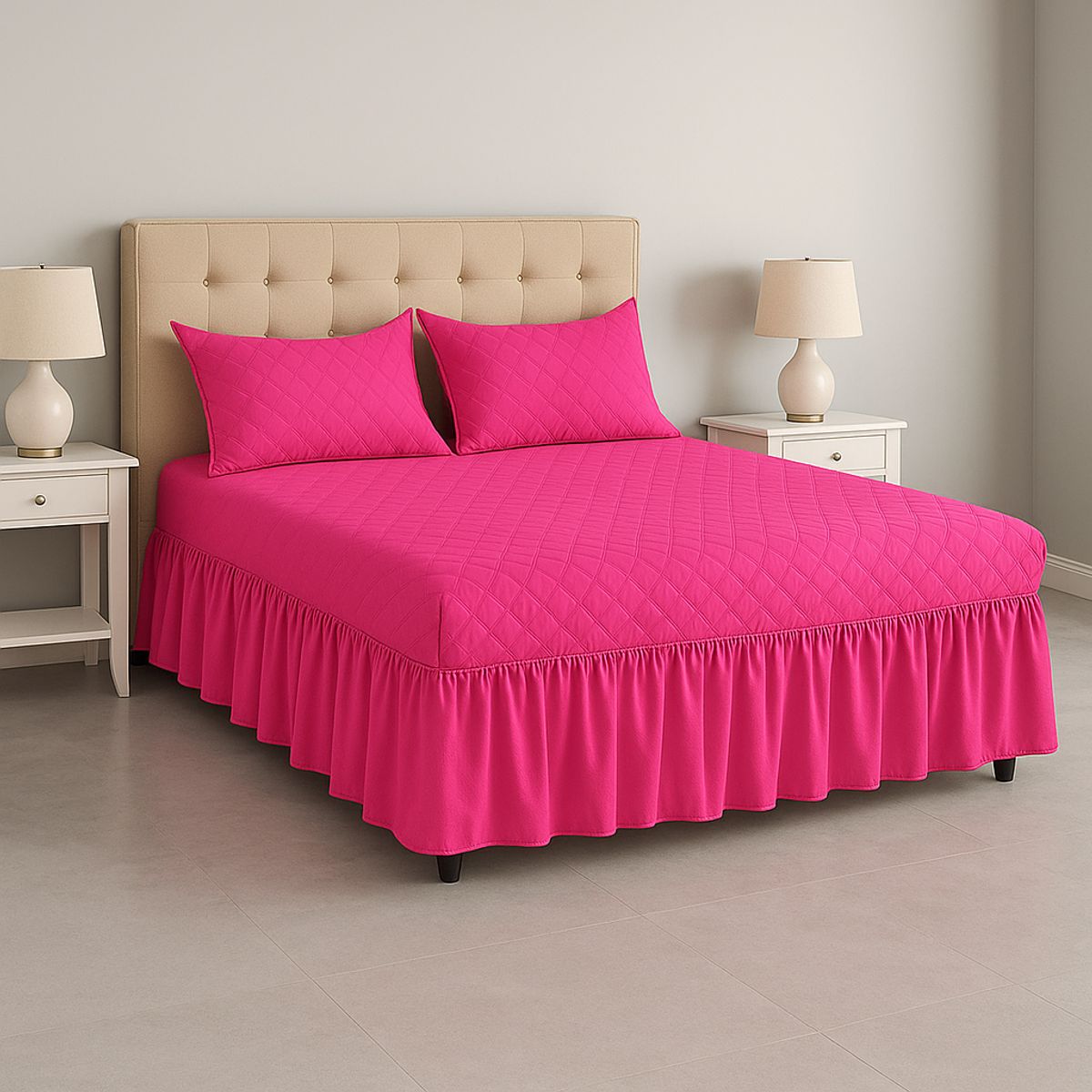 ARMONIA - Faldón cama doble fucsia 25 plazas acolchado moderno