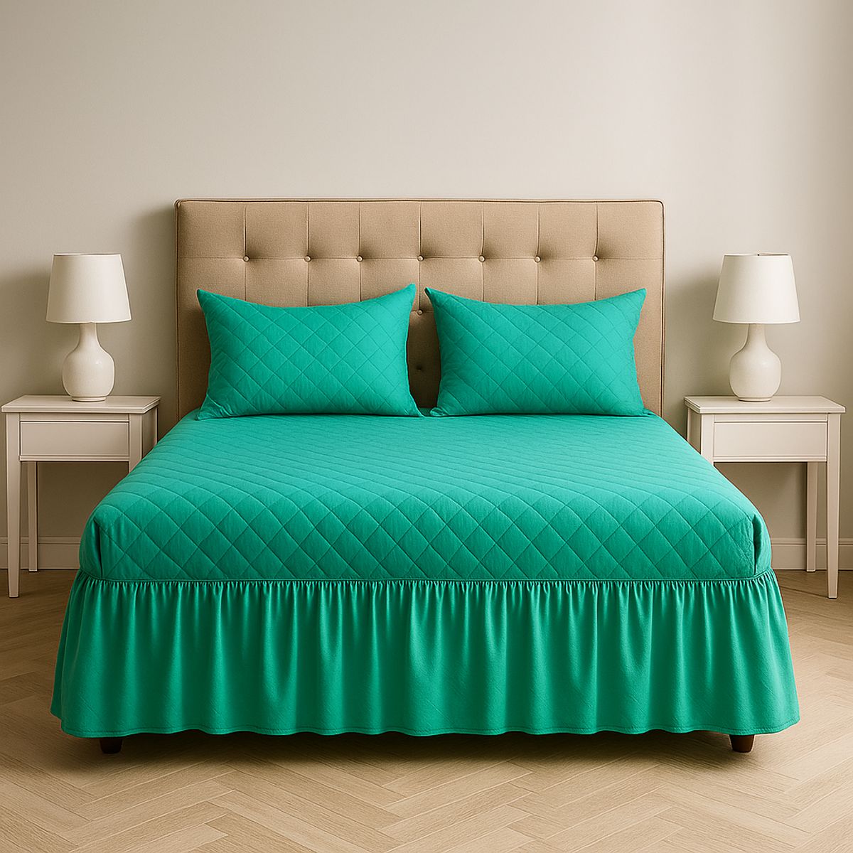 ARMONIA - Faldón cama doble turquesa 25 plazas fundas incluidas