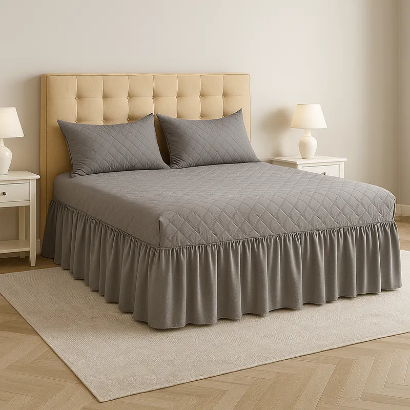 ARMONIA - Faldón gris acolchado 15 plazas doble para cama con funda
