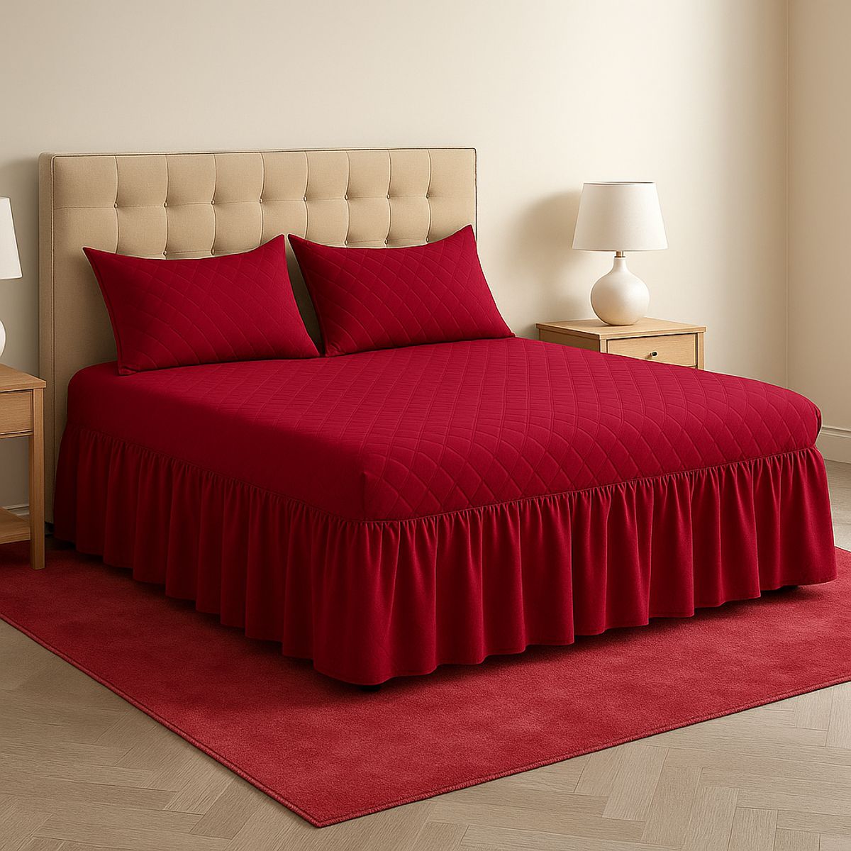 ARMONIA - Faldón burdeo 20 plazas doble acolchado pack de fundas