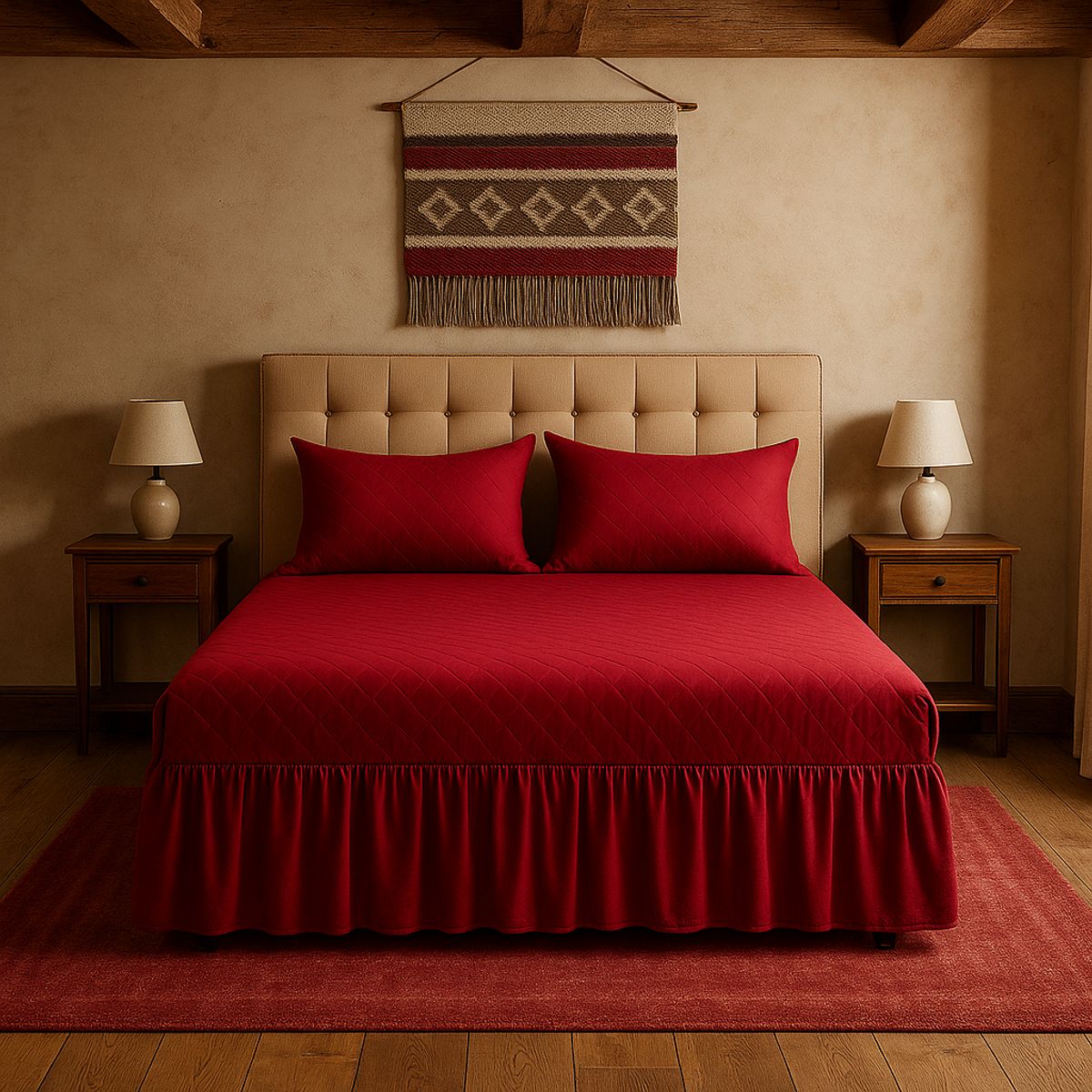 ARMONIA - Faldón cama 15 plazas doble burdeo + funda almohada