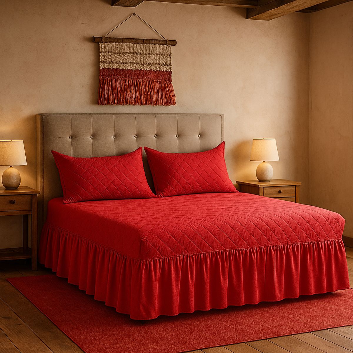 ARMONIA - Faldón cama 20 plazas rojo doble acolchado con fundas