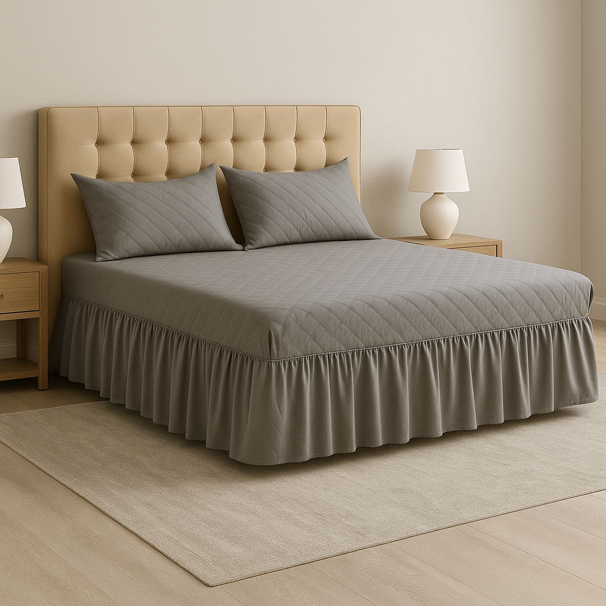 ARMONIA - Faldón doble gris acolchado cama 15 plazas con funda incluida