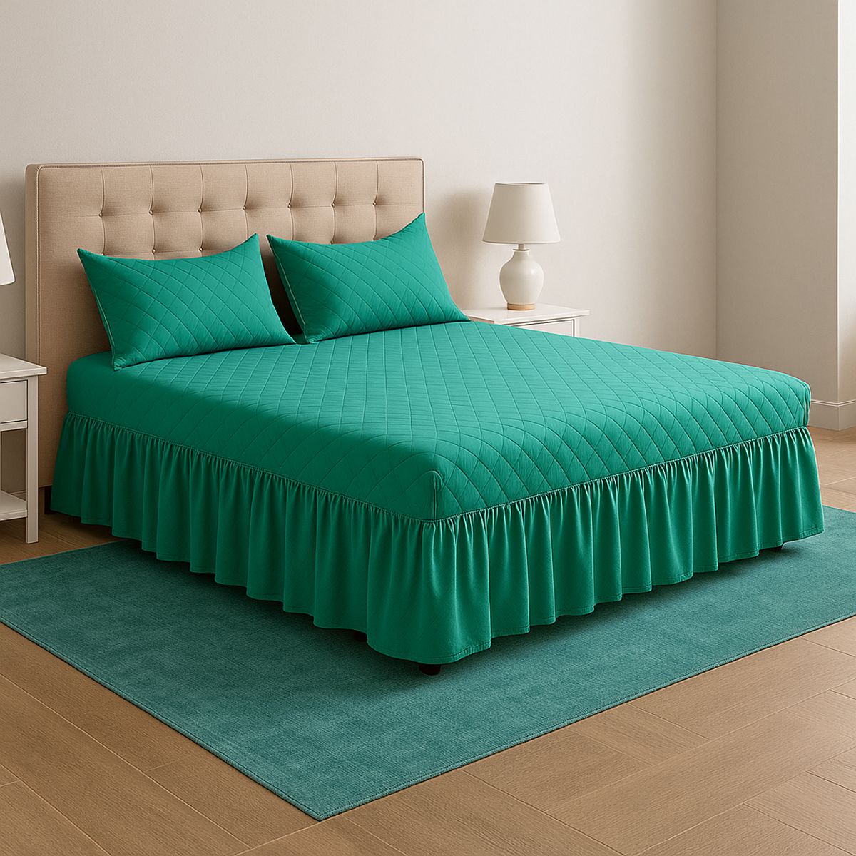 ARMONIA - Faldón cama turquesa doble 15 plazas con funda extra