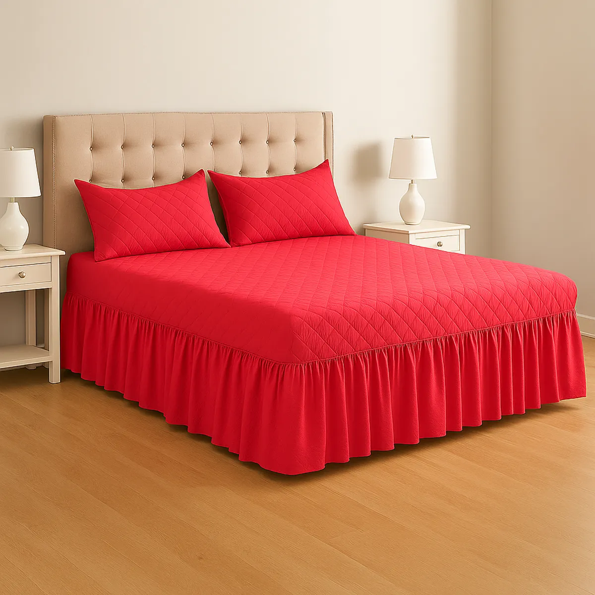 ARMONIA - Faldón acolchado rojo 25 plazas doble set con fundas