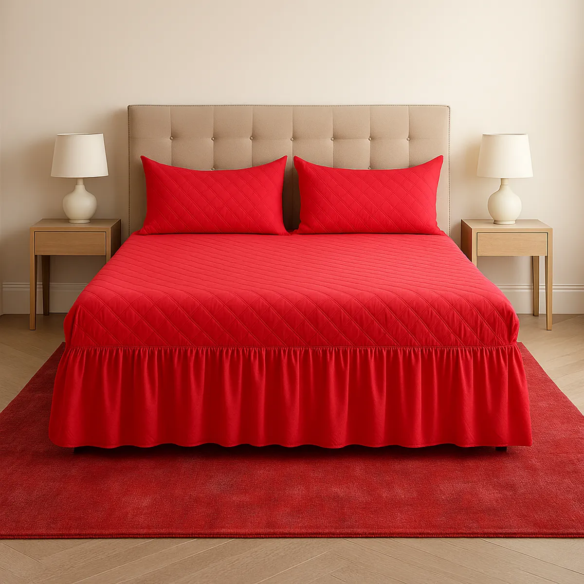 ARMONIA - Faldón acolchado rojo 25 plazas doble set con fundas