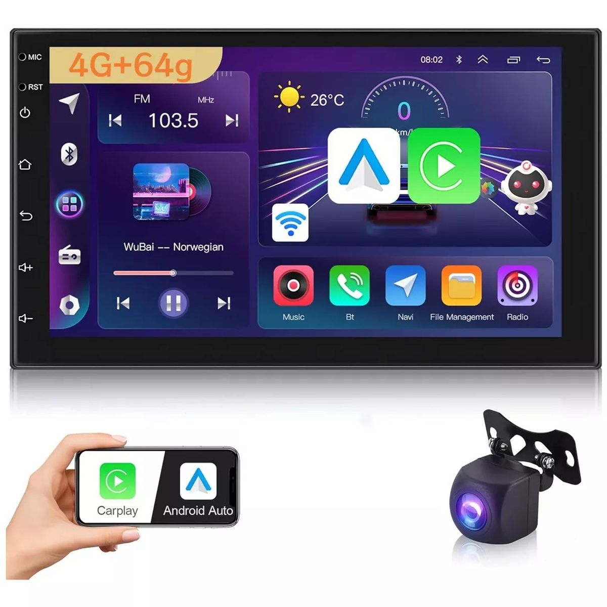 KUANGYE - Radio Auto 2 Din 7'' 4+64g Wifi Gps Android 13.0 + Cámara