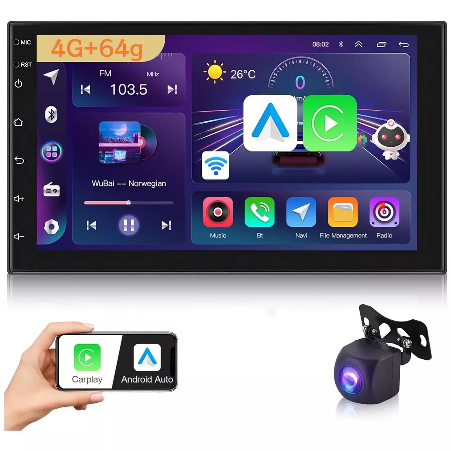 KUANGYE Radio Auto 2 Din 7'' 4+64g Wifi Gps Android 13.0 + Cámara
