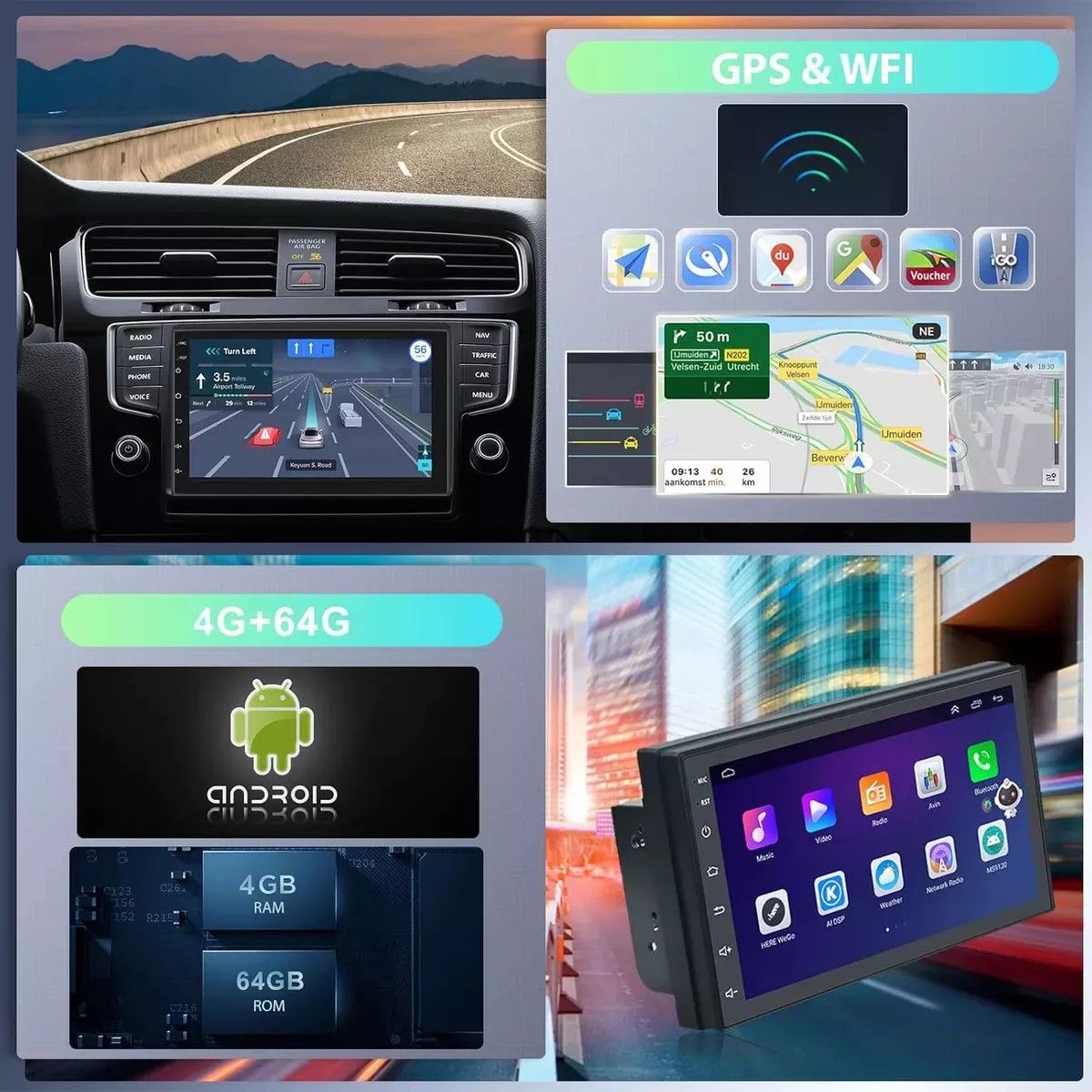 KUANGYE - Radio Auto 2 Din 7'' 4+64g Wifi Gps Android 13.0 + Cámara