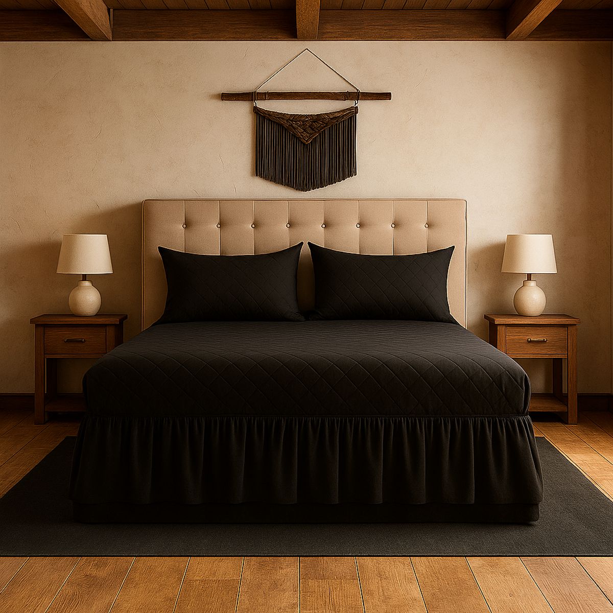 ARMONIA - Faldón cama 25 plazas negro doble acolchado con fundas