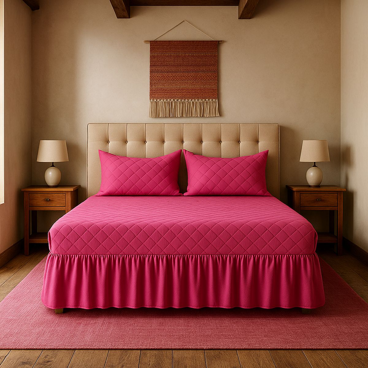 ARMONIA - Faldón doble fucsia 25 plazas acolchado con juego fundas