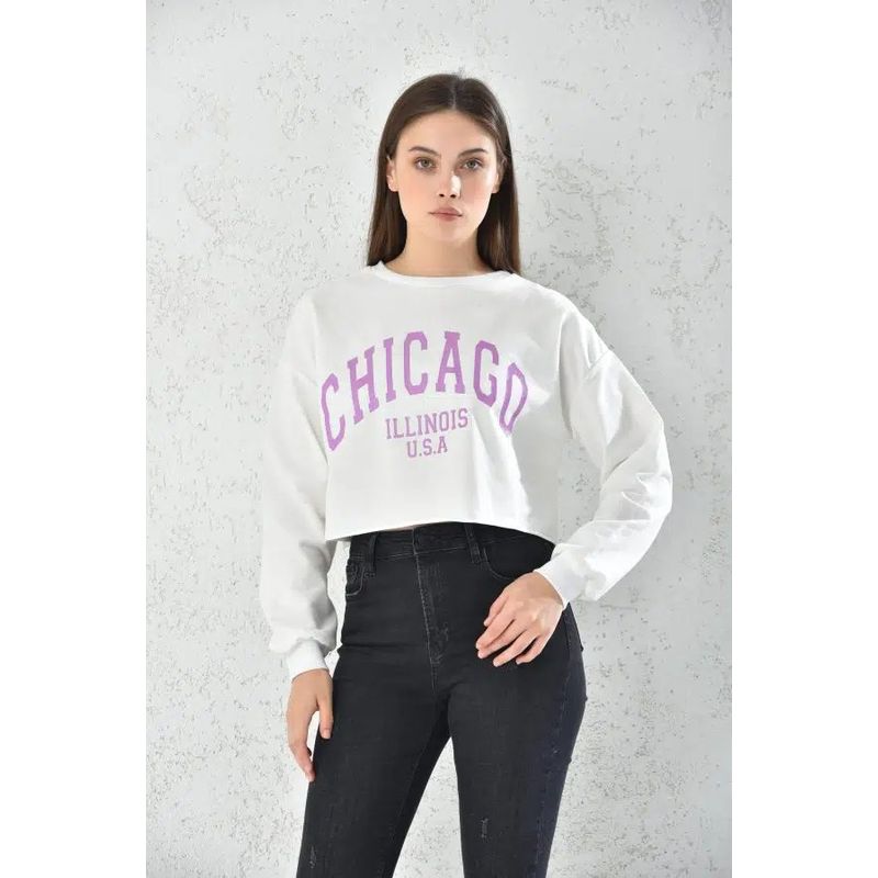 MROTTO - Polerón Crop Blanco Mujer con Letras y Puños Ajustados